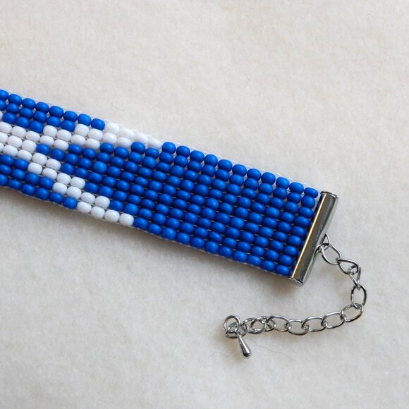 Scotland Scottish flag bead bracelet, handmade, adjustable length, seed beads - Picture 3 of 4